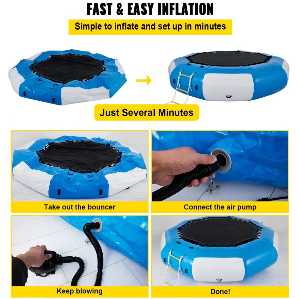 VEVOR Inflatable Water Trampoline, 13ft Recreational Water Bouncer with Escalator, Round Inflatable Water Trampoline in Blue and White, Floating Trampoline for Lakes, Pools, Calm Sea