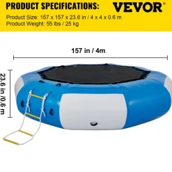VEVOR Inflatable Water Trampoline, 13ft Recreational Water Bouncer with Escalator, Round Inflatable Water Trampoline in Blue and White, Floating Trampoline for Lakes, Pools, Calm Sea