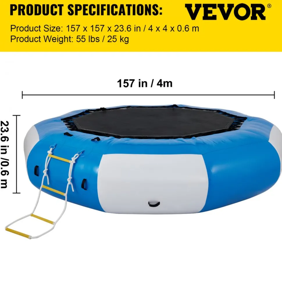 VEVOR Inflatable Water Trampoline, 13ft Recreational Water Bouncer with Escalator, Round Inflatable Water Trampoline in Blue and White, Floating Trampoline for Lakes, Pools, Calm Sea