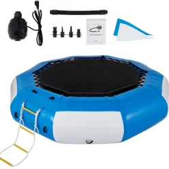 VEVOR Inflatable Water Trampoline, 13ft Recreational Water Bouncer with Escalator, Round Inflatable Water Trampoline in Blue and White, Floating Trampoline for Lakes, Pools, Calm Sea