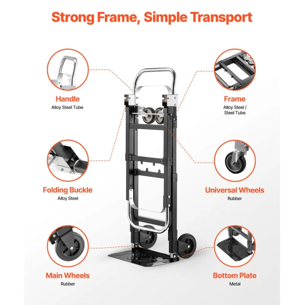 VEVOR 2 in 1 Folding Hand Truck, 500 lbs Load Capacity for 4-Wheel Mode, Convertible Hand Truck Dolly with Wheels & Adjustable Handle, Portable Dolly for Moving Home, Office, Warehouse