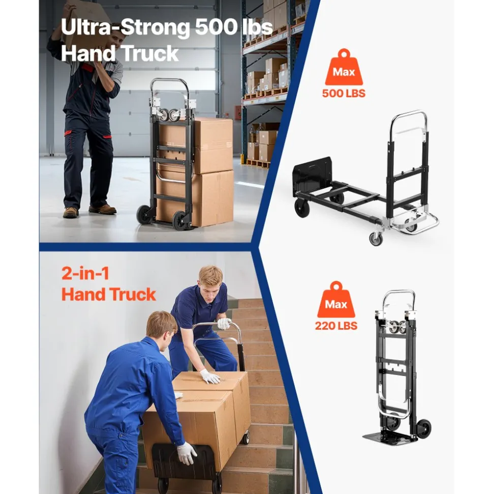 VEVOR 2 in 1 Folding Hand Truck, 500 lbs Load Capacity for 4-Wheel Mode, Convertible Hand Truck Dolly with Wheels & Adjustable Handle, Portable Dolly for Moving Home, Office, Warehouse