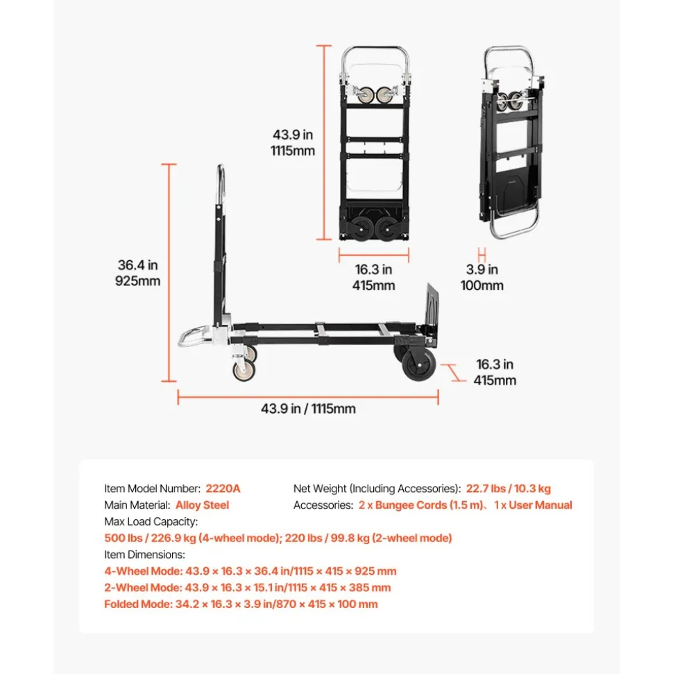 VEVOR 2 in 1 Folding Hand Truck, 500 lbs Load Capacity for 4-Wheel Mode, Convertible Hand Truck Dolly with Wheels & Adjustable Handle, Portable Dolly for Moving Home, Office, Warehouse