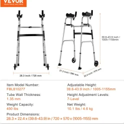 VEVOR 2 in 1 Folding Walker & Removable Armrests, Height Adjustable Foldable Walker with 5" Solid Wheels, Lightweight Aluminum | Front Wheeled Mobility Aid for Elderly Handicapped Disabled, 450 Pounds