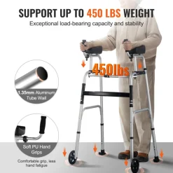 VEVOR 2 in 1 Folding Walker & Removable Armrests, Height Adjustable Foldable Walker with 5