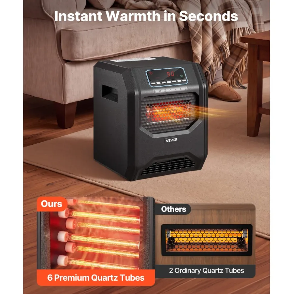 VEVOR Infrared Heater 1500W Electric Space Heater with Remote Control Black, 3 Heat Settings, 12H Timer, Overheat Shutoff, Portable Wheels, Premium ABS, Indoor Use for Bedrooms, Offices, Studies