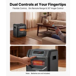 VEVOR Infrared Heater 1500W Electric Space Heater with Remote Control Black, 3 Heat Settings, 12H Timer, Overheat Shutoff, Portable Wheels, Premium ABS, Indoor Use for Bedrooms, Offices, Studies