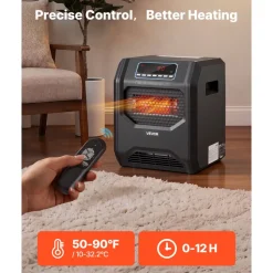 VEVOR Infrared Heater 1500W Electric Space Heater with Remote Control Black, 3 Heat Settings, 12H Timer, Overheat Shutoff, Portable Wheels, Premium ABS, Indoor Use for Bedrooms, Offices, Studies