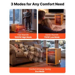 VEVOR Infrared Heater 1500W Electric Space Heater with Remote Control, 3 Heat Settings, 12H Timer, Overheat Shutoff, Portable Wheels, Premium MDF, for Indoor Bedrooms, Offices, Studies, Light Wood