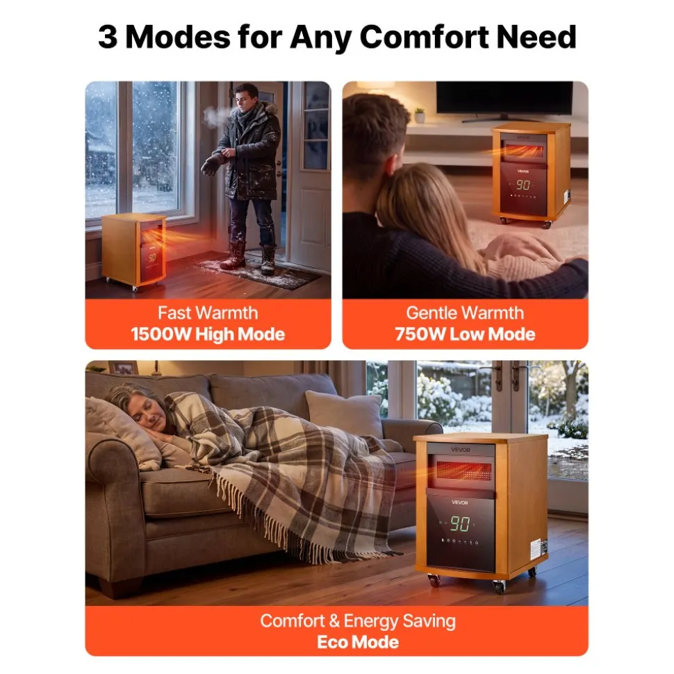 VEVOR Infrared Heater 1500W Electric Space Heater with Remote Control, 3 Heat Settings, 12H Timer, Overheat Shutoff, Portable Wheels, Premium MDF, for Indoor Bedrooms, Offices, Studies, Light Wood