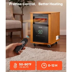 VEVOR Infrared Heater 1500W Electric Space Heater with Remote Control, 3 Heat Settings, 12H Timer, Overheat Shutoff, Portable Wheels, Premium MDF, for Indoor Bedrooms, Offices, Studies, Light Wood