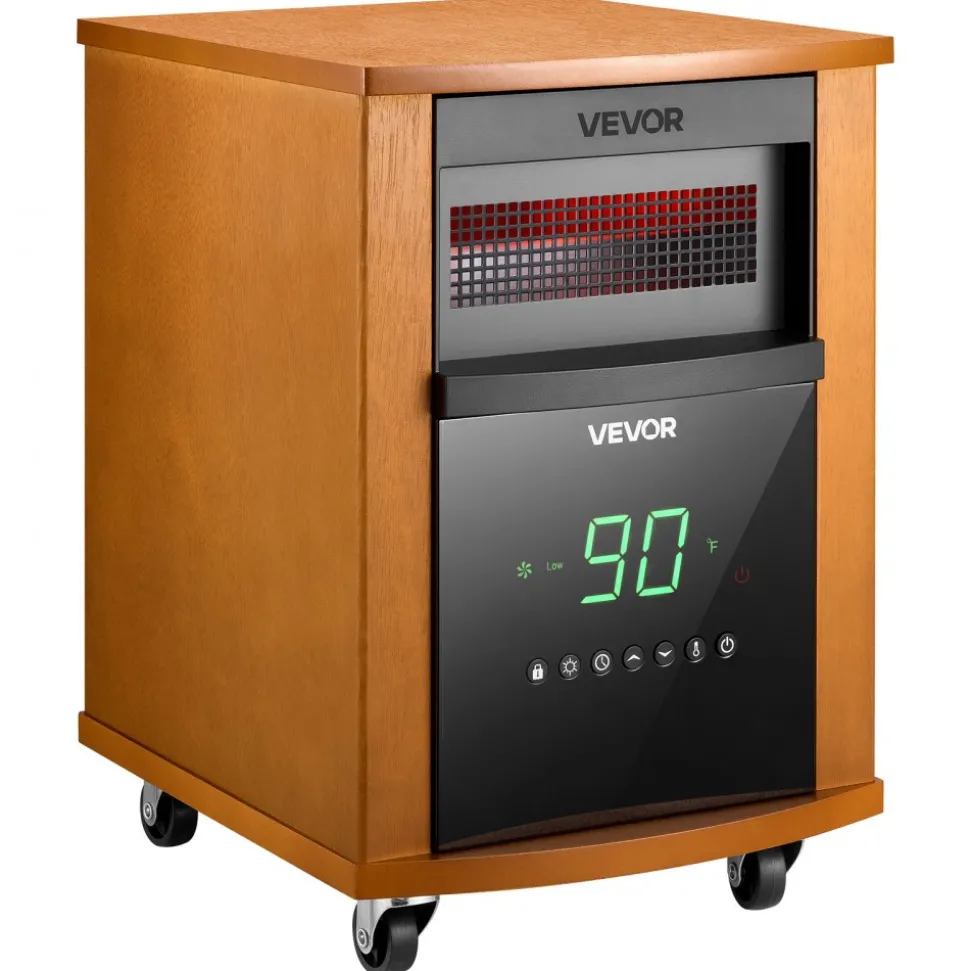 VEVOR Infrared Heater 1500W Electric Space Heater with Remote Control, 3 Heat Settings, 12H Timer, Overheat Shutoff, Portable Wheels, Premium MDF, for Indoor Bedrooms, Offices, Studies, Light Wood