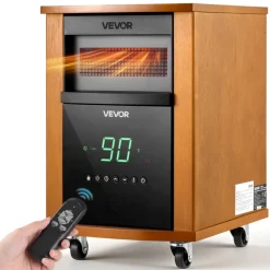 VEVOR Infrared Heater 1500W Electric Space Heater with Remote Control, 3 Heat Settings, 12H Timer, Overheat Shutoff, Portable Wheels, Premium MDF, for Indoor Bedrooms, Offices, Studies, Light Wood