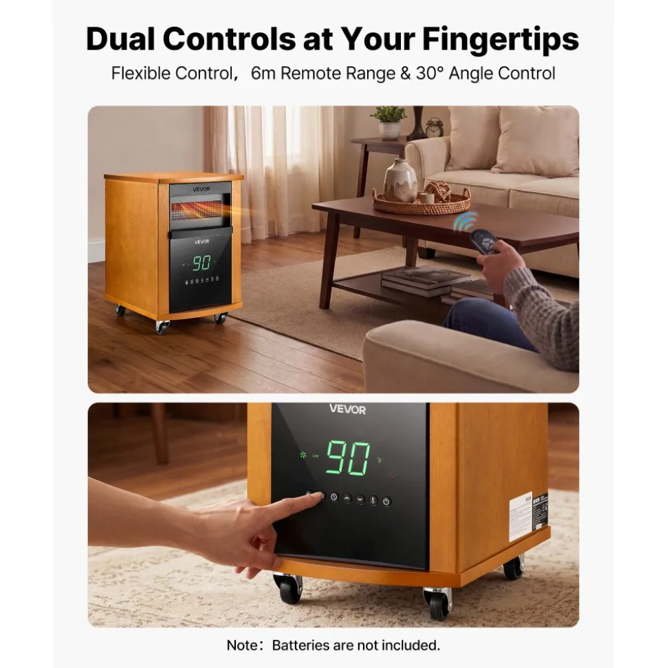 VEVOR Infrared Heater 1500W Electric Space Heater with Remote Control, 3 Heat Settings, 12H Timer, Overheat Shutoff, Portable Wheels, Premium MDF, for Indoor Bedrooms, Offices, Studies, Light Wood