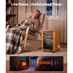 VEVOR Infrared Heater 1500W Electric Space Heater with Remote Control, 3 Heat Settings, 12H Timer, Overheat Shutoff, Portable Wheels, Premium MDF, for Indoor Bedrooms, Offices, Studies, Light Wood