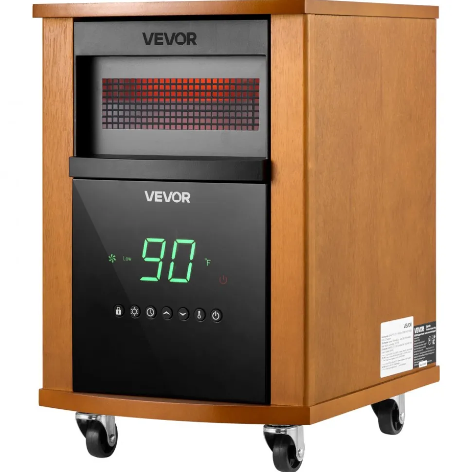 VEVOR Infrared Heater 1500W Electric Space Heater with Remote Control, 3 Heat Settings, 12H Timer, Overheat Shutoff, Portable Wheels, Premium MDF, for Indoor Bedrooms, Offices, Studies, Light Wood