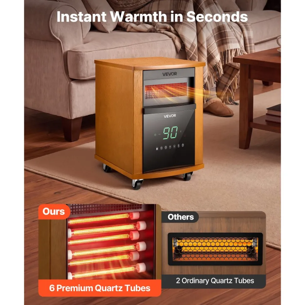 VEVOR Infrared Heater 1500W Electric Space Heater with Remote Control, 3 Heat Settings, 12H Timer, Overheat Shutoff, Portable Wheels, Premium MDF, for Indoor Bedrooms, Offices, Studies, Light Wood
