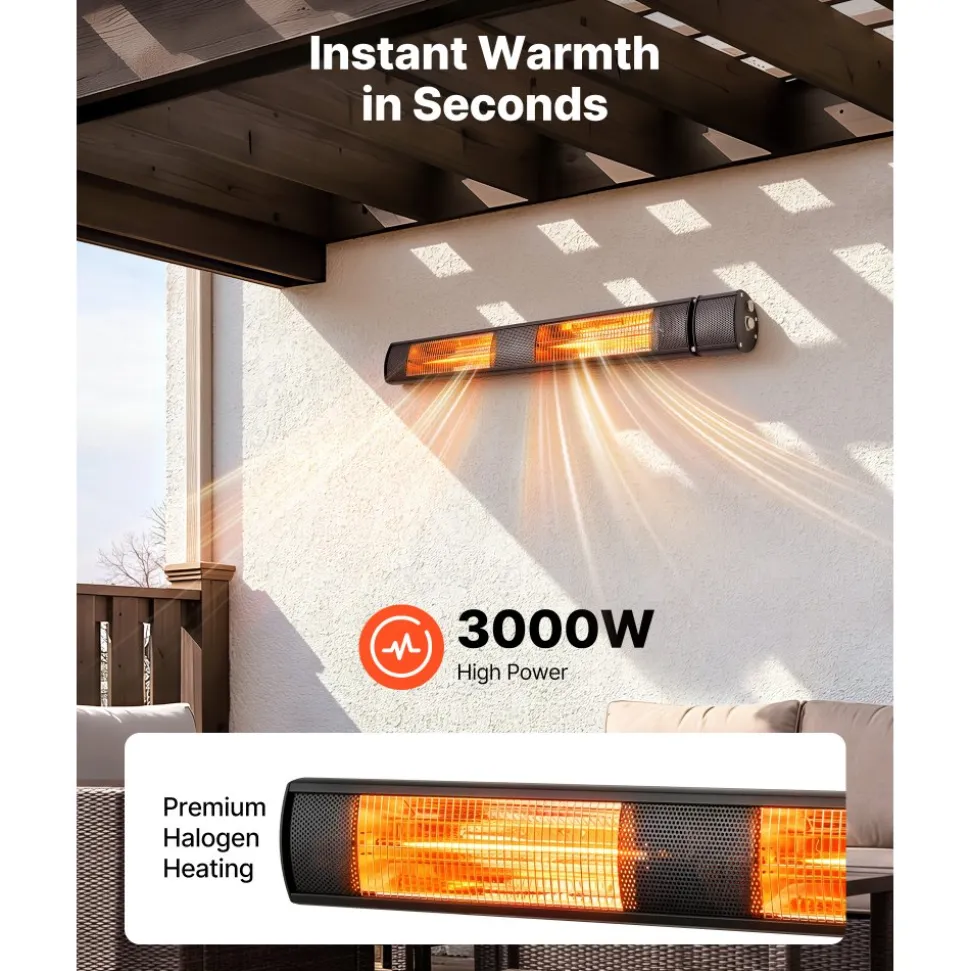 VEVOR Infrared Heater 1500W Electric Space Heater 3 Heat Settings Black, with Remote Control for Outdoor Use, 24 Hours Timer, Premium Aluminum Alloy, Even Warmth for Patios, Backyards, and Balconies