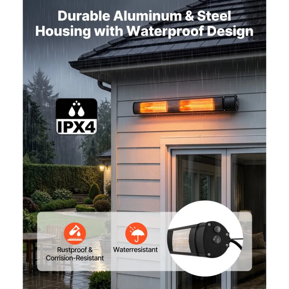 VEVOR Infrared Heater 1500W Electric Space Heater 3 Heat Settings Black, with Remote Control for Outdoor Use, 24 Hours Timer, Premium Aluminum Alloy, Even Warmth for Patios, Backyards, and Balconies