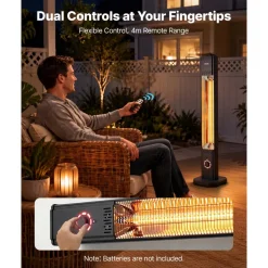 VEVOR Infrared Heater 1500W Electric Space Heater 8 Heat Settings Black, with Remote Control for Outdoor Use, 8H Timer, Overheat Protection, Cold-Rolled Steel, for Patios, Backyards, and Balconies