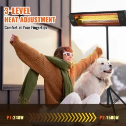 VEVOR Infrared Heater, 1500W Remote Control Electric Space Heater, LED Screen Patio Heater w/ 3 Speeds & Timer, Outdoor/Outdoor for Porch,Dining Room,Studio, with Stand & Mount to Ceiling/Wall,34in L