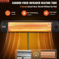 VEVOR Infrared Heater, 1500W Remote Control Electric Space Heater, LED Screen Patio Heater w/ 3 Speeds & Timer, Outdoor/Outdoor for Porch,Dining Room,Studio, with Stand & Mount to Ceiling/Wall,34in L
