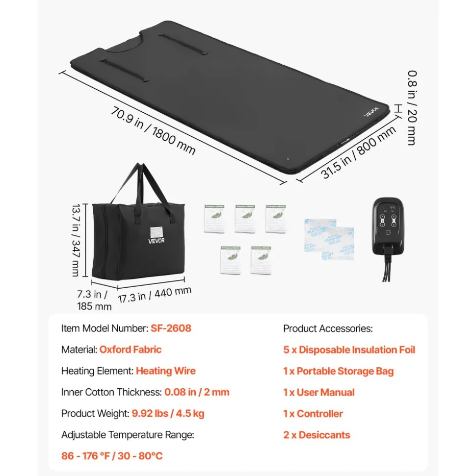 VEVOR Infrared Sauna Blanket with Armholes, 71 x 32 in Portable Sauna Bag, Even Heating for Home Detox & Relaxation, Temp Control & Timer, Lightweight Oxford Fabric Heating Wrap with Carry Bag, Black