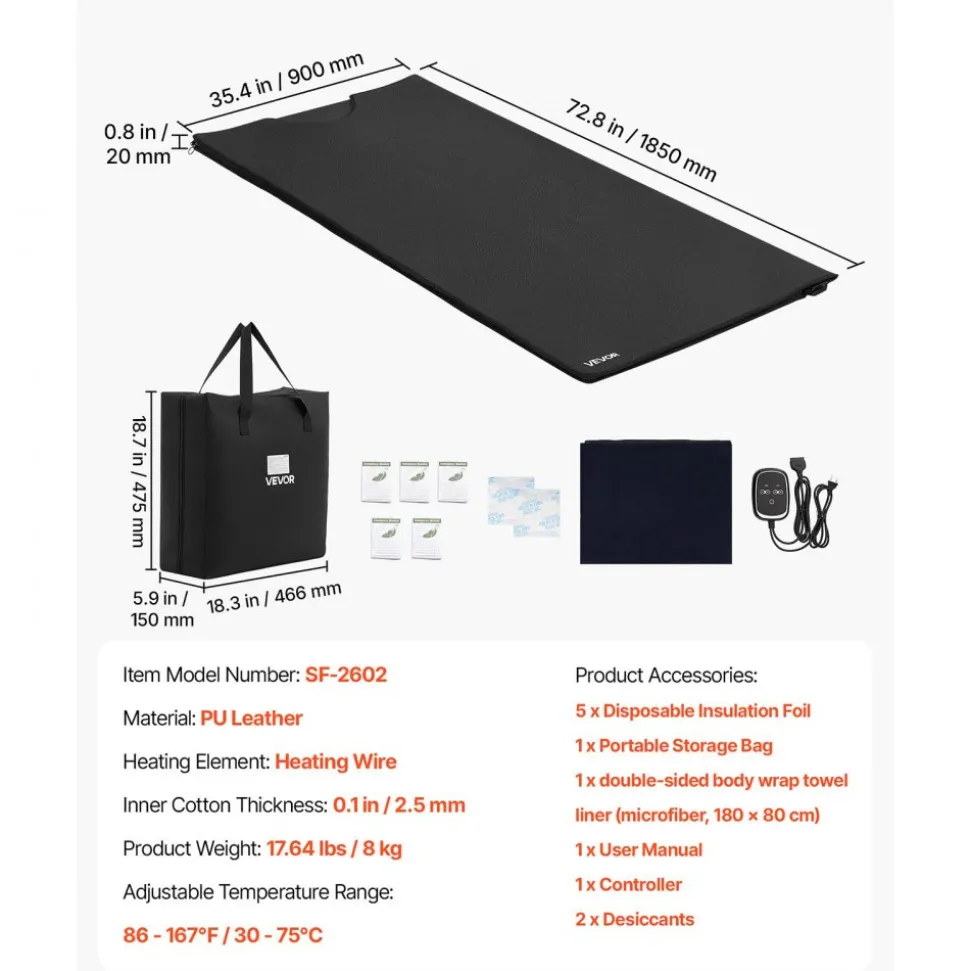 VEVOR Infrared Sauna Blanket with Armholes, 71 x 35 in Portable Sauna Bag, Even Heating for Home Detox & Relaxation, Temp Control & Timer, PU Leather Heating Wrap with Towel Liner, Carry Bag, Black