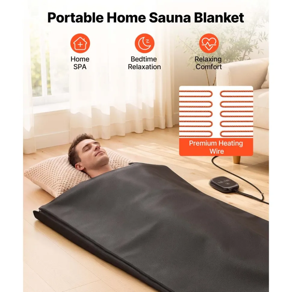 VEVOR Infrared Sauna Blanket with Armholes, 71 x 35 in Portable Sauna Bag, Even Heating for Home Detox & Relaxation, Temp Control & Timer, PU Leather Heating Wrap with Towel Liner, Carry Bag, Black