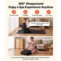 VEVOR Infrared Sauna Blanket with Armholes, 71 x 35 in Portable Sauna Bag, Even Heating for Home Detox & Relaxation, Temp Control & Timer, PU Leather Heating Wrap with Towel Liner, Carry Bag, Black