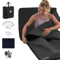 VEVOR Infrared Sauna Blanket with Armholes, 71 x 35 in Portable Sauna Bag, Even Heating for Home Detox & Relaxation, Temp Control & Timer, PU Leather Heating Wrap with Towel Liner, Carry Bag, Black