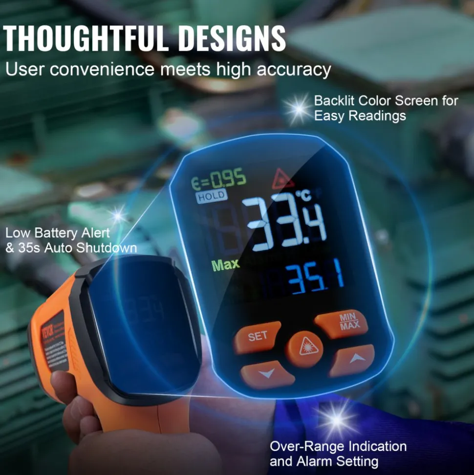 VEVOR Infrared Thermometer, -40~2732°F Dual Laser Temperature Gun Non-Contact, Handheld IR Heat Temperature Gun with Adjustable Emissivity for Metal Smelting/Cooking/Pizza Oven/Engine(Not for Human)