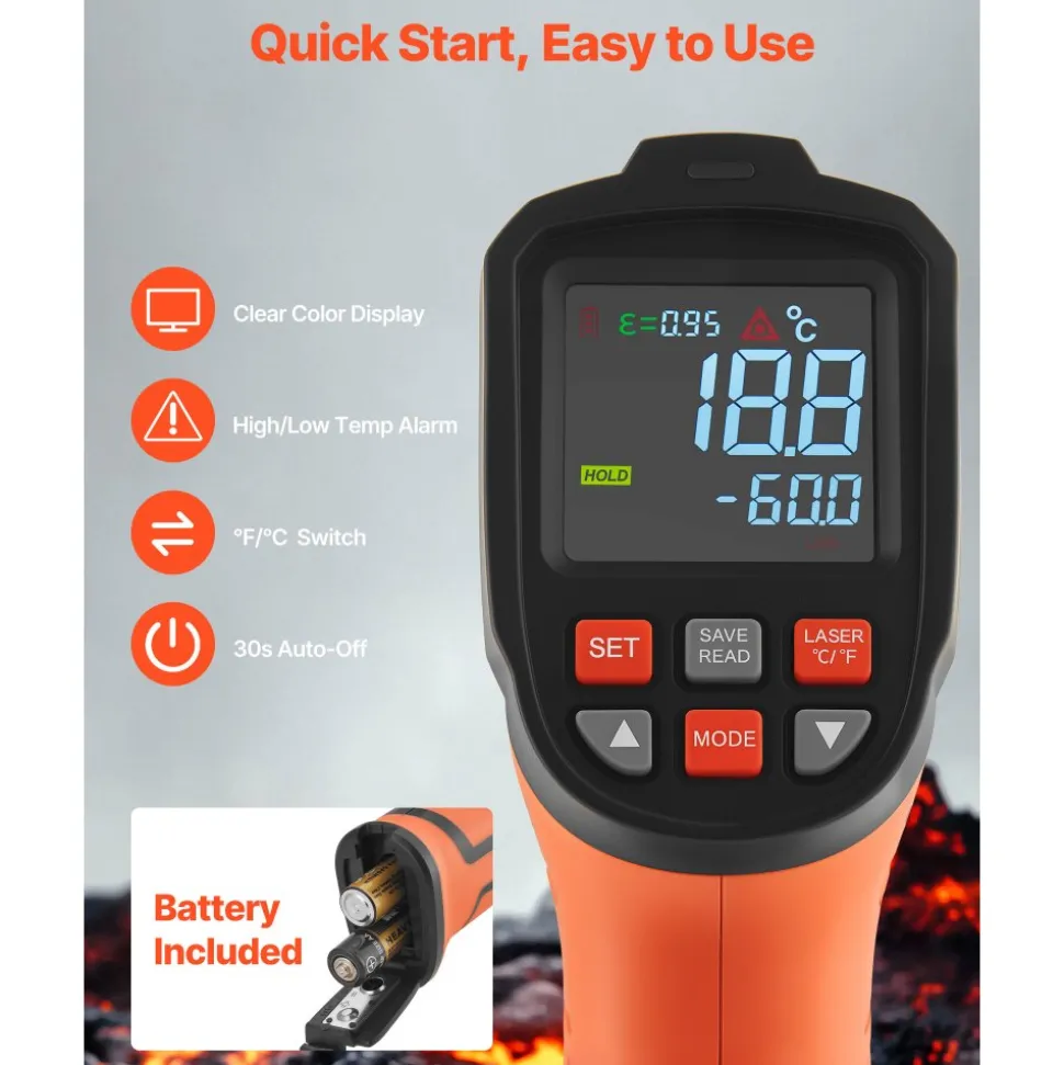 VEVOR Infrared Thermometer, -22℉ to 2192℉ Dual-Mode IR Thermometer Gun with K-Type Thermocouple, Dual Laser Heat Temperature Gun Non-Contact for Cooking/Griddle/Engine/Industrial Use (Not for Human)