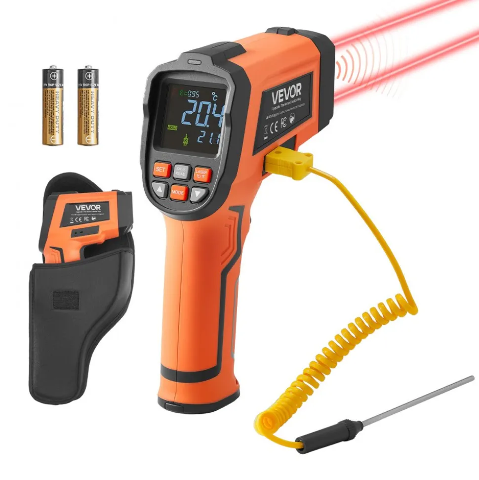 VEVOR Infrared Thermometer, -22℉ to 2192℉ Dual-Mode IR Thermometer Gun with K-Type Thermocouple, Dual Laser Heat Temperature Gun Non-Contact for Cooking/Griddle/Engine/Industrial Use (Not for Human)