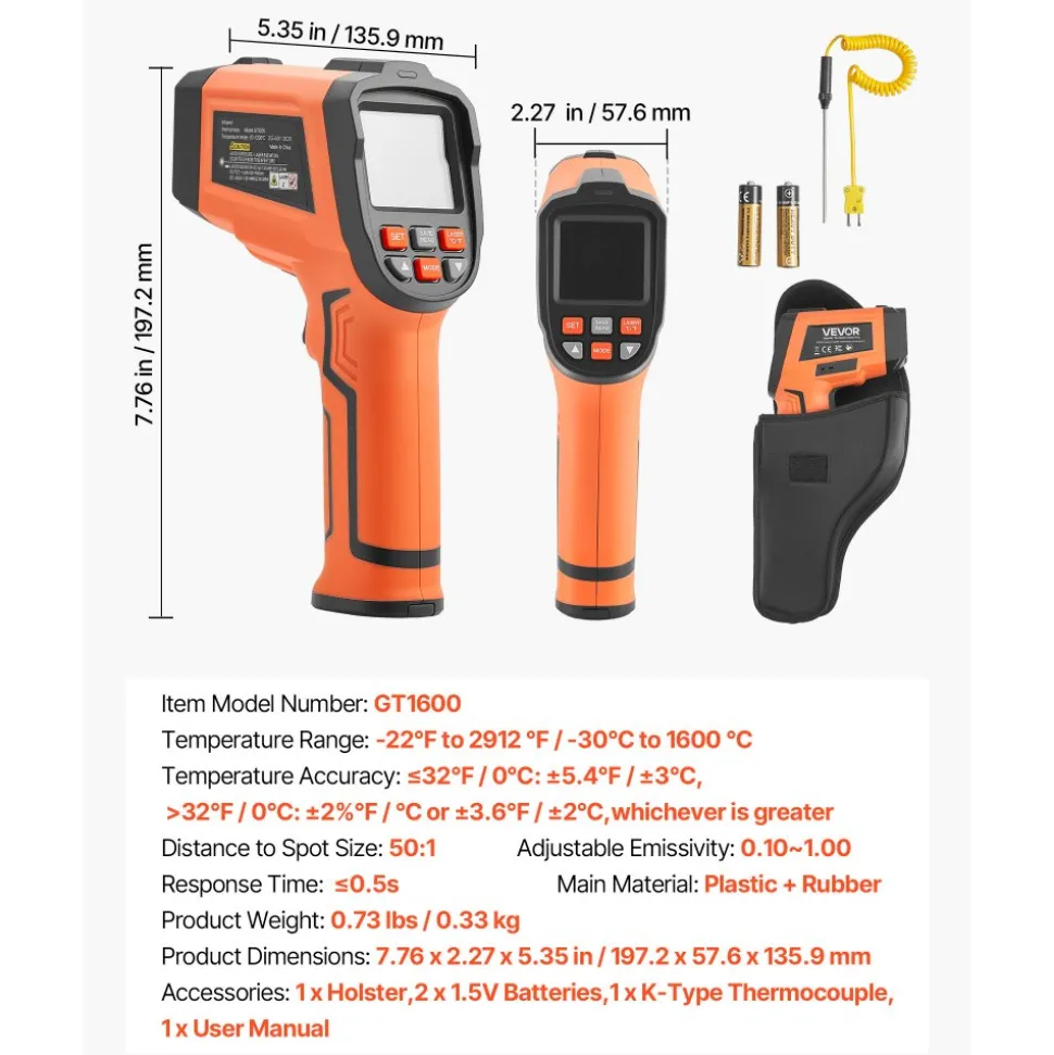 VEVOR Infrared Thermometer, -22℉ to 2912℉ Dual-Mode IR Thermometer Gun with K-Type Thermocouple, Dual Laser Heat Temperature Gun Non-Contact for Metal Smelting/Engine/Industry/Cooking (Not for Human)