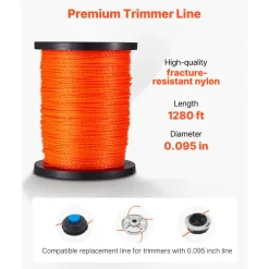 VEVOR 0.095 in 1280 ft String Trimmer Line, Orange Heavy Duty Weed Eater String, Premium Nylon Universal Replacement Trimmer Line Spool with Twisted Design, Suitable for Professional & Homeowner Use