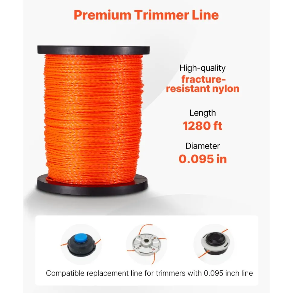 VEVOR 0.095 in 1280 ft String Trimmer Line, Orange Heavy Duty Weed Eater String, Premium Nylon Universal Replacement Trimmer Line Spool with Twisted Design, Suitable for Professional & Homeowner Use