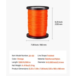 VEVOR 0.095 in 1280 ft String Trimmer Line, Orange Heavy Duty Weed Eater String, Premium Nylon Universal Replacement Trimmer Line Spool with Twisted Design, Suitable for Professional & Homeowner Use
