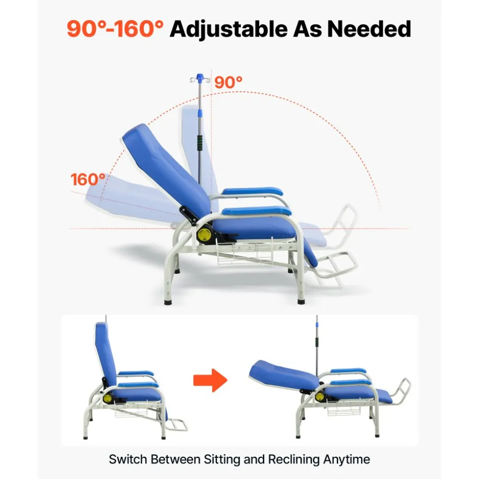 VEVOR Infusion Chair with IV Pole 90°-160° Reclining Phlebotomy Chair, 400LBS Capacity Medical Infusion Recliner with Soft Padded Seat, Footrest & Storage Basket for Blood Draw, IV Transfusion