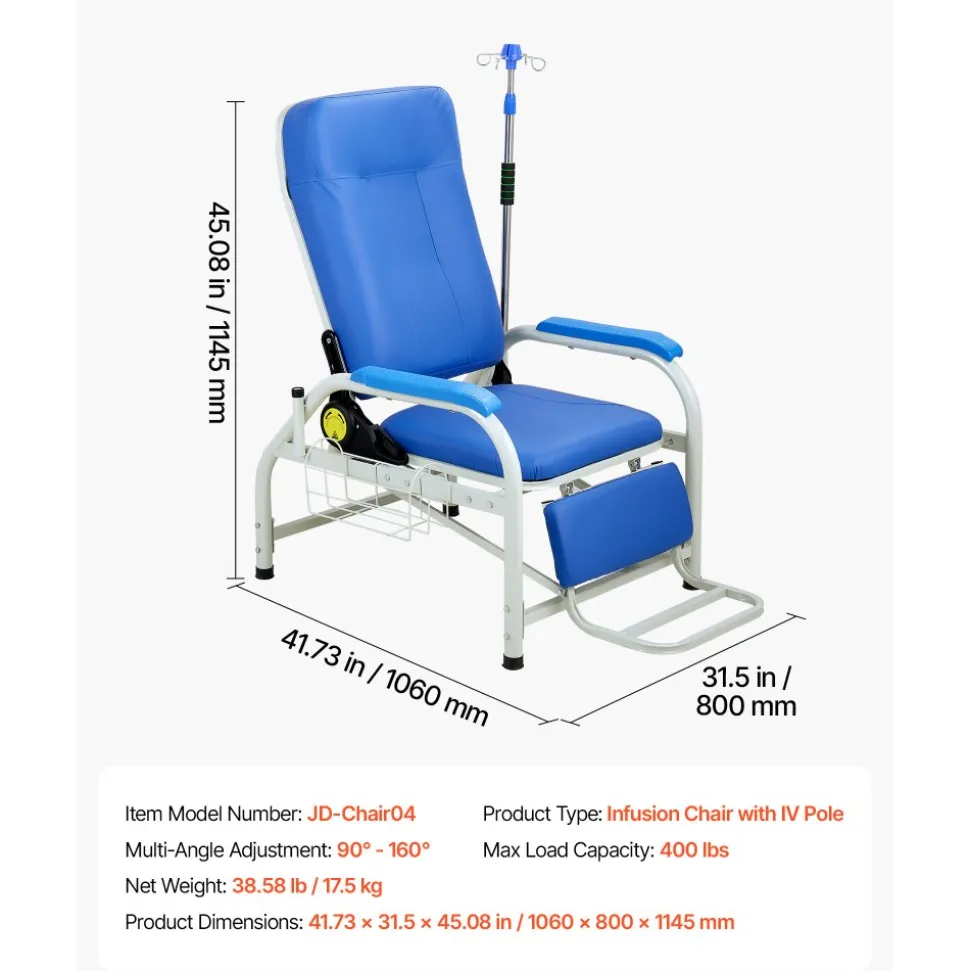 VEVOR Infusion Chair with IV Pole 90°-160° Reclining Phlebotomy Chair, 400LBS Capacity Medical Infusion Recliner with Soft Padded Seat, Footrest & Storage Basket for Blood Draw, IV Transfusion