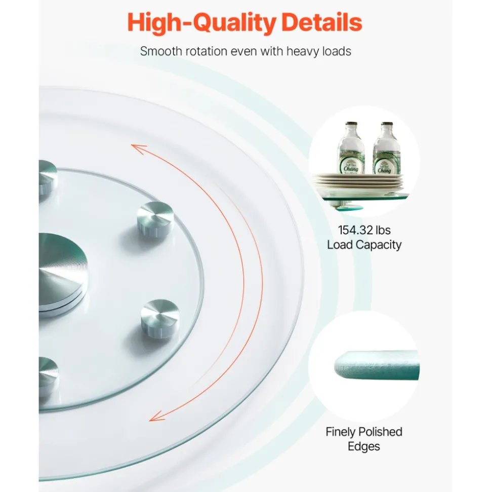 VEVOR 24 in Glass Lazy Susan Turntable, Tempered Glass Dining Table Centerpiece with 6 Rotating Wheels, 360° Smooth and Silent Spin Tabletop Rotating Tray, for Family Gatherings, Banquets & Weddings