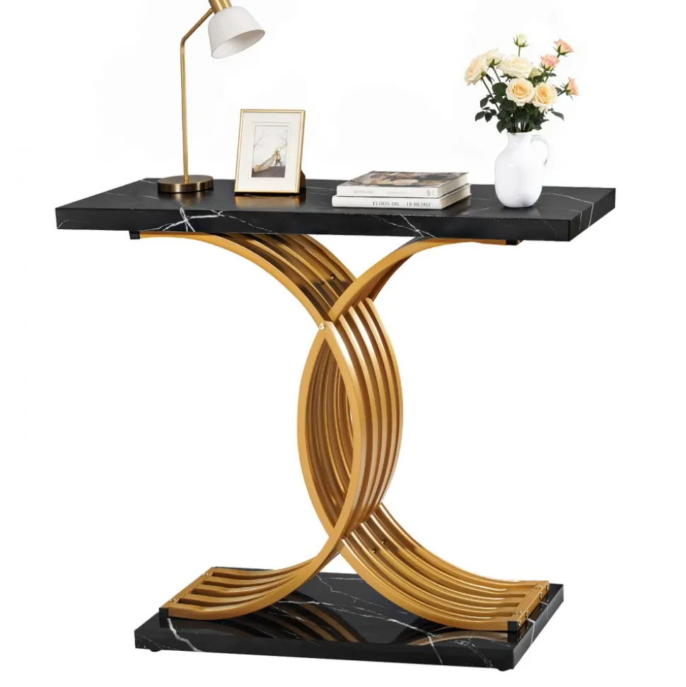 VEVOR 39 in Gold Console Table, Modern Desk Behind the Couch, Wood Rectangle Entrance Desk, Narrow Long Sofa Table Accent Stand with Metal Legs for Hallway, Bedroom, Living Room, Foyer, Easy Assembly