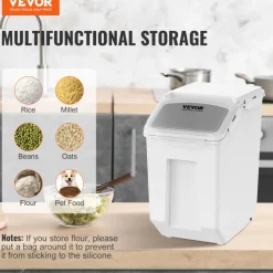 VEVOR Ingredient Storage Bin, 2 x 15L Dispenser Bin with 2 Measuring Cups, Attachable Casters and Airtight Lid, 2 Pcs/Set Dog Pet Food Storage Container, PP Material Kitchen Rice Cereal Flour Bin