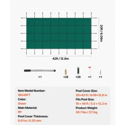 VEVOR Inground Pool Safety Cover, 20 ft x 42 ft Rectangular Winter Pool Cover, Triple Stitched, High Strength Mesh PP Material with Good Rain Permeability, Installation Hardware Included, Green