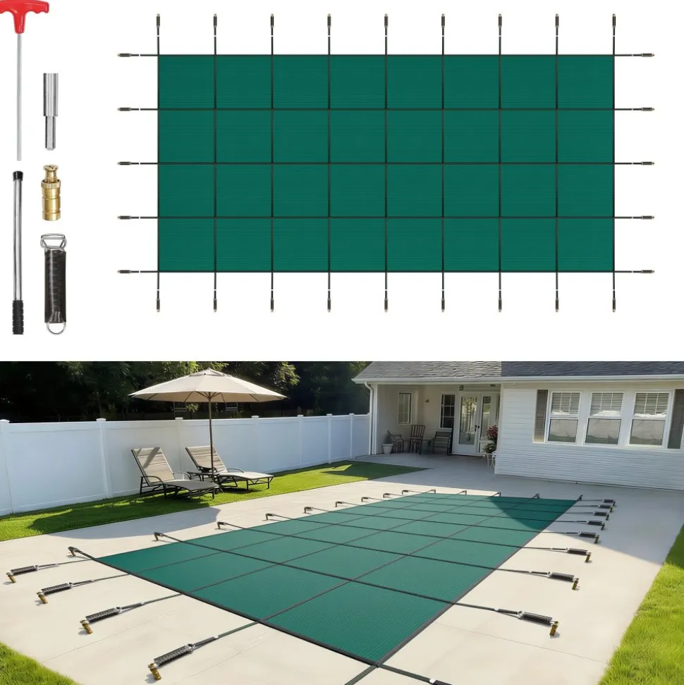 VEVOR Inground Pool Safety Cover, 20 ft x 42 ft Rectangular Winter Pool Cover, Triple Stitched, High Strength Mesh PP Material with Good Rain Permeability, Installation Hardware Included, Green
