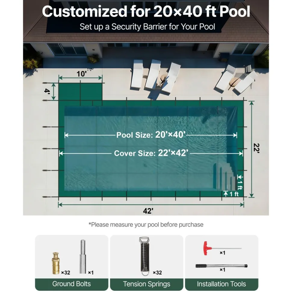 VEVOR Inground Pool Safety Cover, Fits 20 ft x 40 ft Rectangular Winter Pool Cover with Right Step, Triple Stitched, High Strength Mesh PP, Good Rain Permeability, Installation Hardware Included