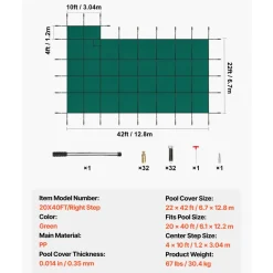 VEVOR Inground Pool Safety Cover, Fits 20 ft x 40 ft Rectangular Winter Pool Cover with Right Step, Triple Stitched, High Strength Mesh PP, Good Rain Permeability, Installation Hardware Included