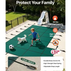 VEVOR Inground Pool Safety Cover, 18 ft x 34 ft Rectangular Winter Pool Cover with Left Step, Triple Stitched, High Strength Mesh PP Material, Good Rain Permeability, Installation Hardware Included