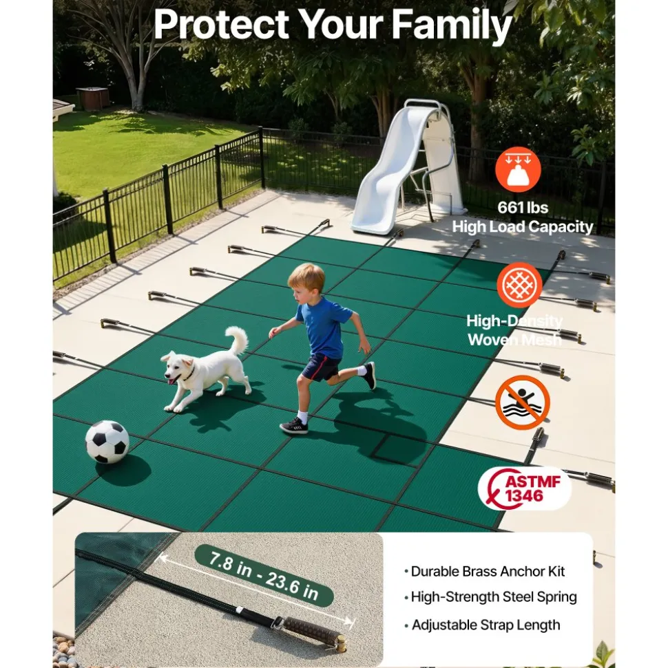 VEVOR Inground Pool Safety Cover, 18 ft x 34 ft Rectangular Winter Pool Cover with Left Step, Triple Stitched, High Strength Mesh PP Material, Good Rain Permeability, Installation Hardware Included
