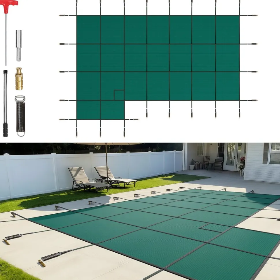 VEVOR Inground Pool Safety Cover, 18 ft x 34 ft Rectangular Winter Pool Cover with Left Step, Triple Stitched, High Strength Mesh PP Material, Good Rain Permeability, Installation Hardware Included